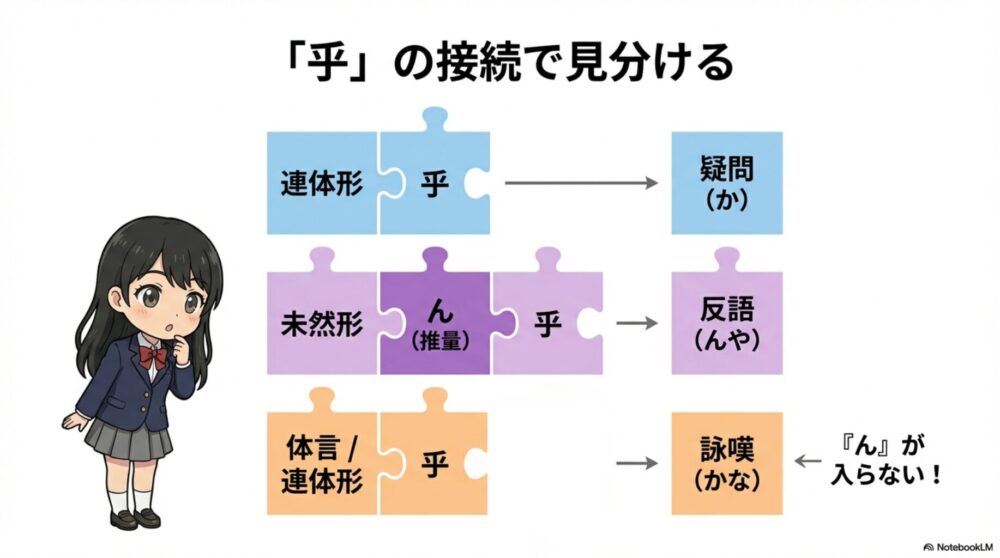 「乎」の直前が連体形なら疑問、未然形＋んなら反語、体言や連体形（ん無し）なら詠嘆という識別ルール