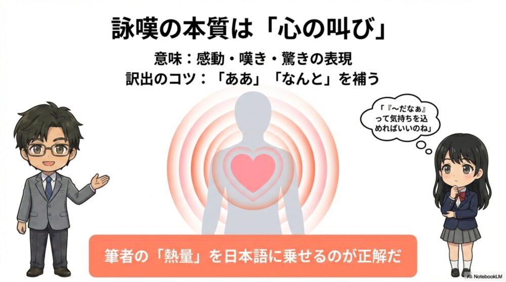 漢文の詠嘆は筆者の熱量を日本語に乗せて訳すことが正解だと解説するたく先生のイラスト