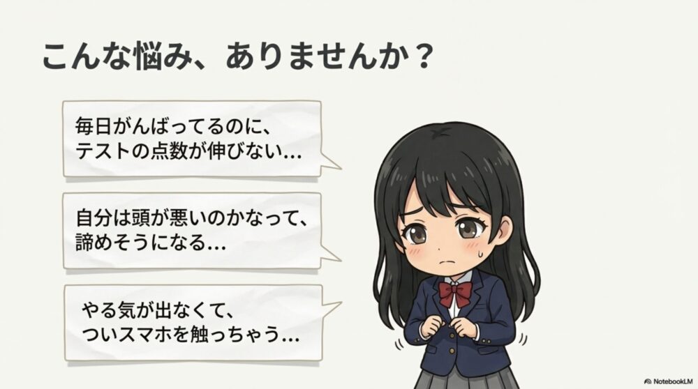 勉強を頑張っているのに成績が伸びず悩んでいる女子高生のイラスト