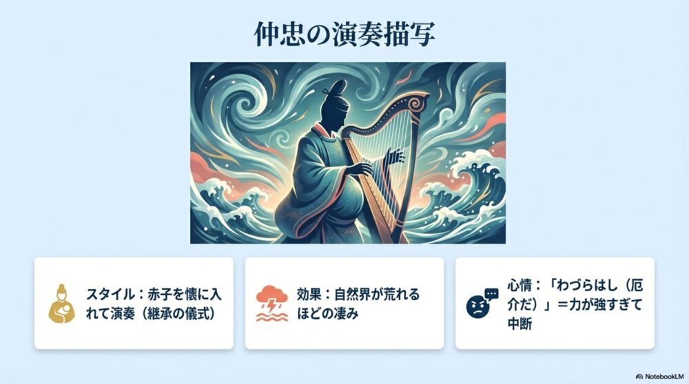 仲忠の琴の演奏描写：赤子を懐に入れて自然界を荒れさせる様子