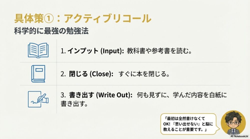 科学的に最強の勉強法アクティブリコールの手順：読む・閉じる・書き出すの図解