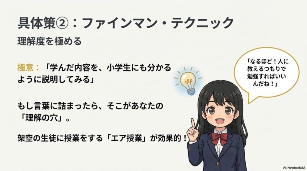 学んだ内容を小学生に教えるつもりで説明するファインマンテクニックのイラスト解説