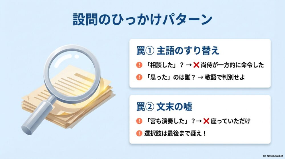 共通テスト古文の設問ひっかけパターン：主語のすり替えと文末の嘘