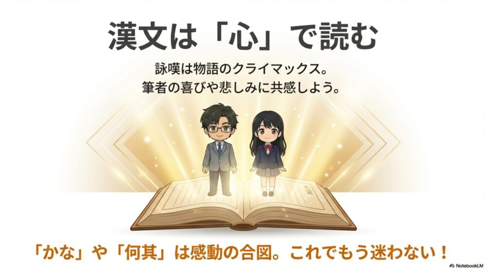詠嘆は物語のクライマックスであり筆者の喜怒哀楽に共感することが大切だとまとめるイラスト