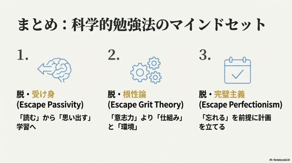 脱受け身・脱根性論・脱完璧主義を目指す科学的勉強法の3つの重要ポイントまとめ