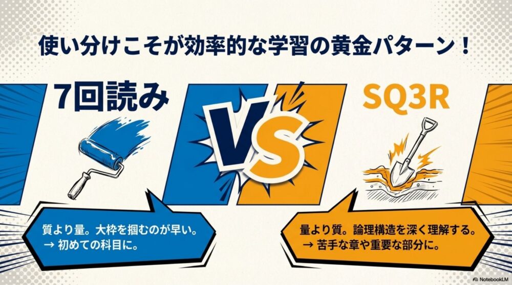 「質より量」の7回読みと「量より質」のSQ3R法の違いを比較し、目的別の使い分けを提示。