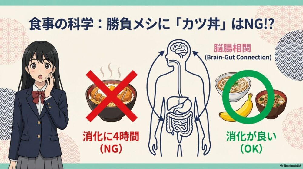 消化に良いバナナやうどん（OK）と、消化に悪いカツ丼（NG）の比較イラスト