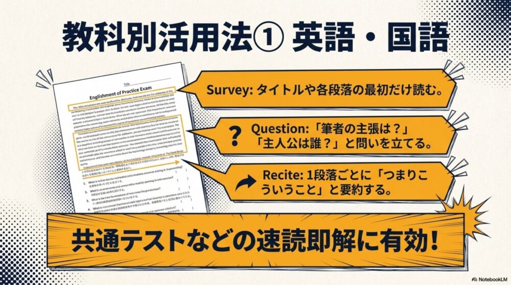 タイトルや段落冒頭の確認、主張の問い立て、段落ごとの要約など、言語科目での具体的な活用テクニック。