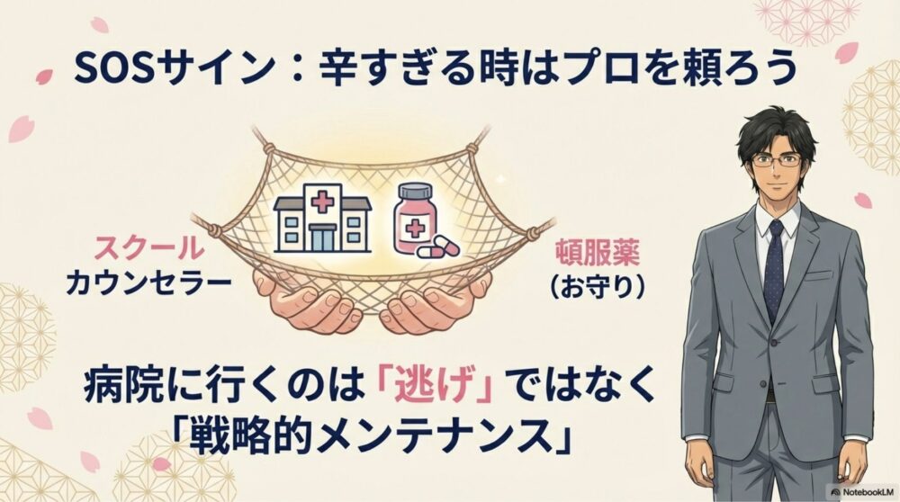 スクールカウンセラーや病院、頓服薬を活用する「戦略的メンテナンス」のイラスト