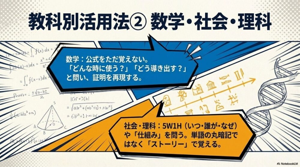 数学の公式証明、社会・理科の5W1Hやストーリーでの暗記など、理系・社会科目の活用例。