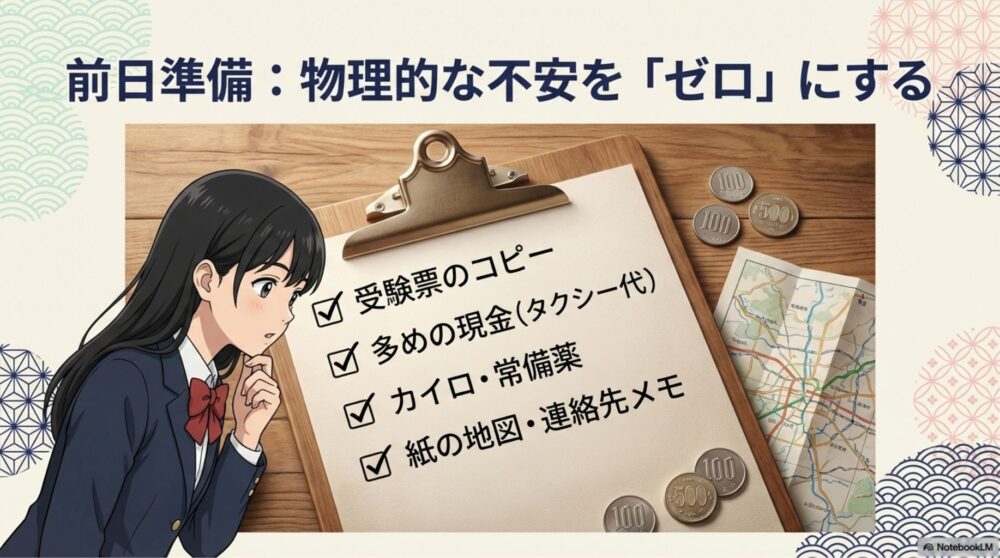 受験票のコピー、現金、カイロ、地図など、前日に準備すべき物のイラスト