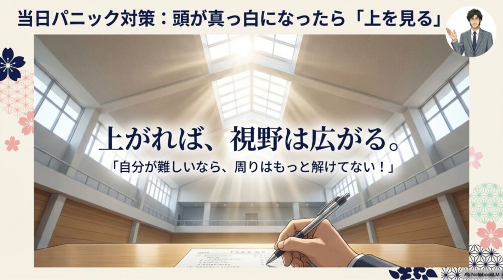 試験中に頭が真っ白になった時、上を向いて落ち着きを取り戻す女子高生のイラスト