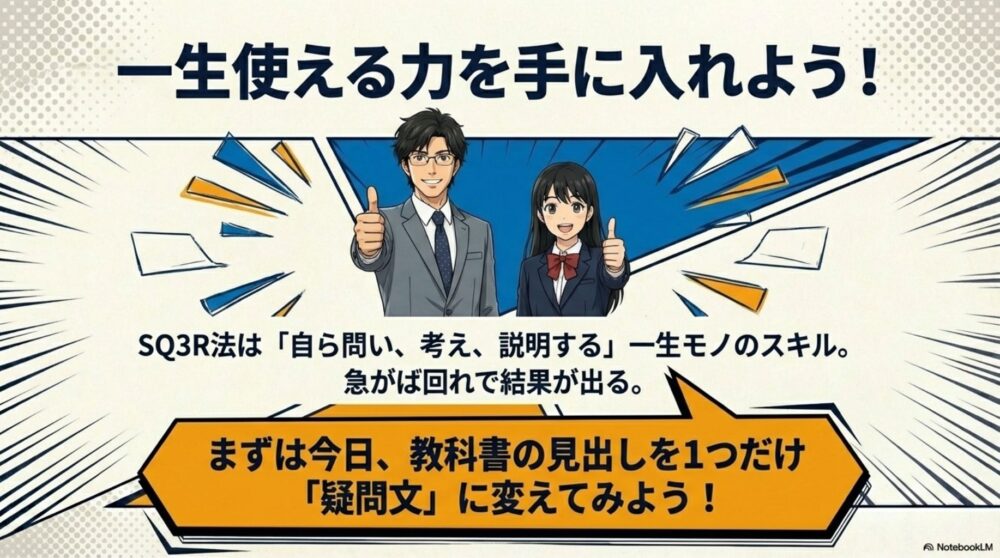 SQ3R法は「自ら問い、考え、説明する」一生モノのスキルであるという結びのメッセージ。