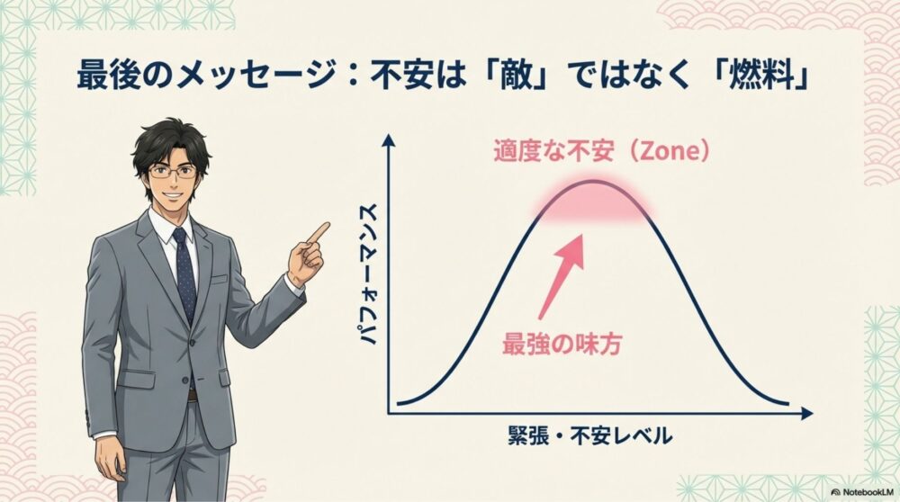 不安レベルとパフォーマンスの関係を示すグラフ。適度な不安が「最強の味方」となるゾーンを示している