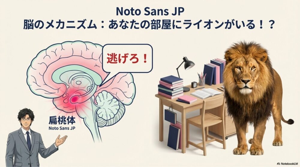 脳内の扁桃体が赤く反応し「逃げろ！」と命令している図と、ライオンと対峙するイメージ