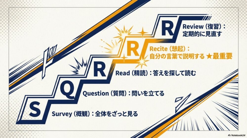 Survey（概観）、Question（質問）、Read（精読）、Recite（想起）、Review（復習）の5段階を示した全体像の図。