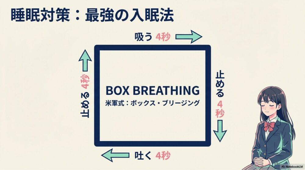 息を吐く、吸う、止めるを4秒ずつ繰り返すボックス・ブリージングの図解