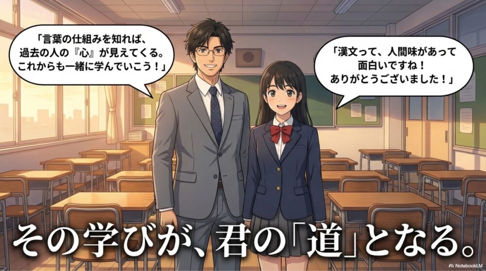 言葉の仕組みを知ることで過去の人の心が見えてくるというメッセージと「その学びが、君の道となる」という言葉