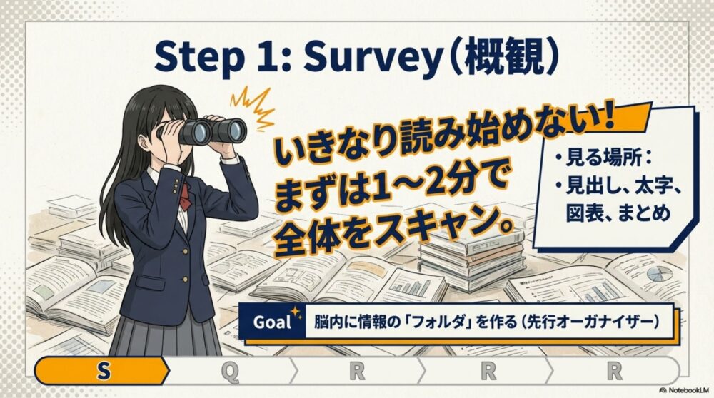 1〜2分で全体をスキャンし、見出しや図表を見ることで脳内に情報の「フォルダ」を作るプロセス。