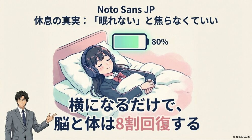 ベッドで横になって目を閉じている女子高生のイラストと「80%回復」の文字