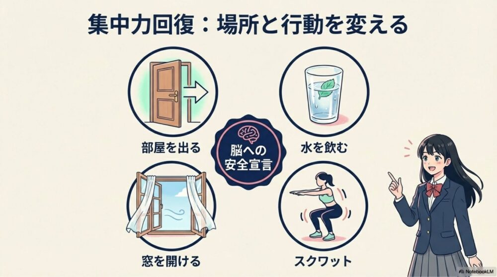 部屋を出る、水を飲む、窓を開ける、スクワットをするイラスト