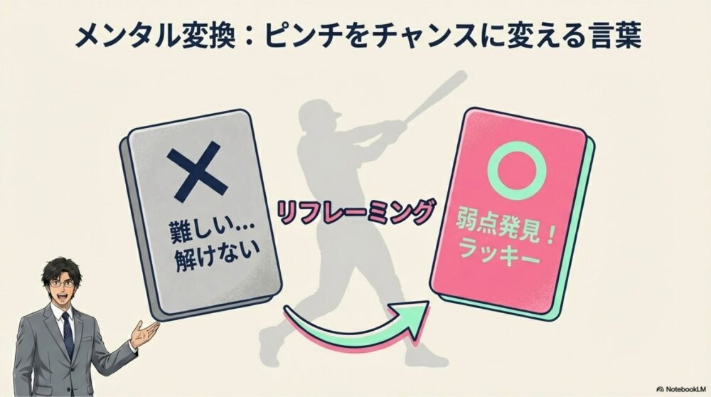 「難しい・解けない」を「弱点発見・ラッキー」と捉え直すバッターのイラスト