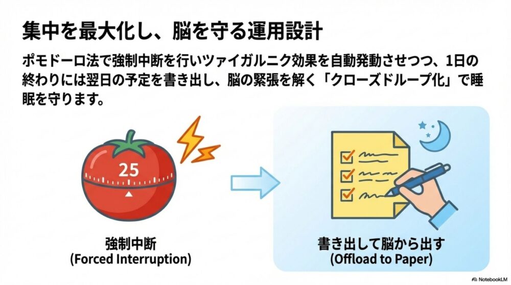 ポモドーロ法による強制中断で効果を発動させつつ、1日の終わりには予定を書き出して脳を休ませる「クローズドループ化」の図解 。