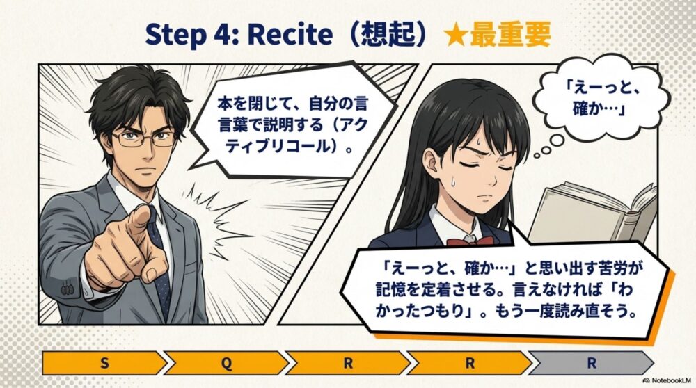 本を閉じて自分の言葉で説明する「アクティブリコール」の手順。思い出す苦労が記憶を定着させることを強調。