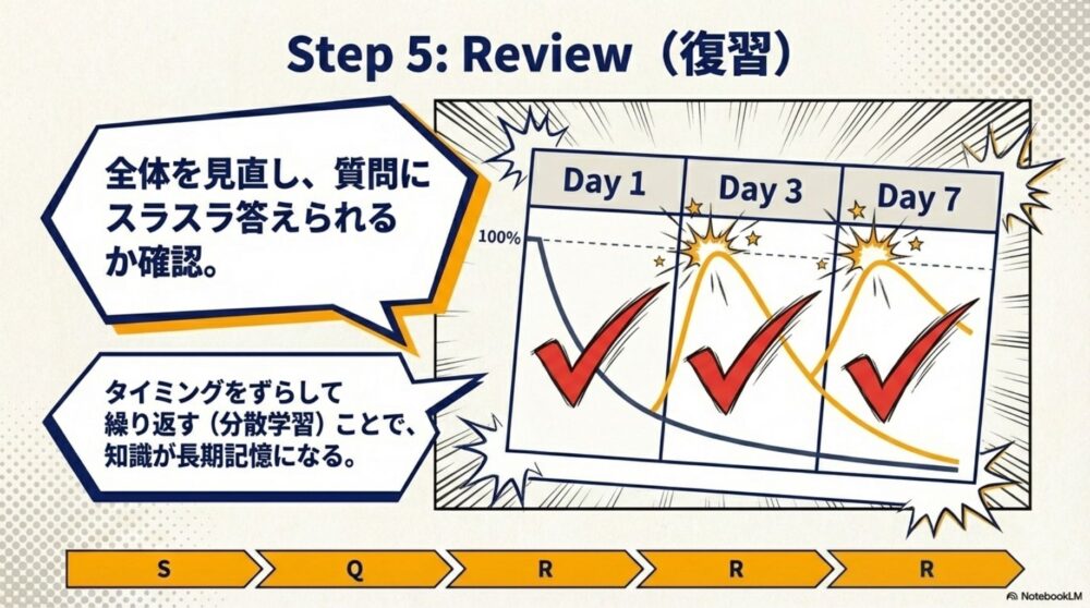 タイミングをずらして繰り返す（分散学習）ことで、知識を長期記憶にする仕組みのグラフ。
