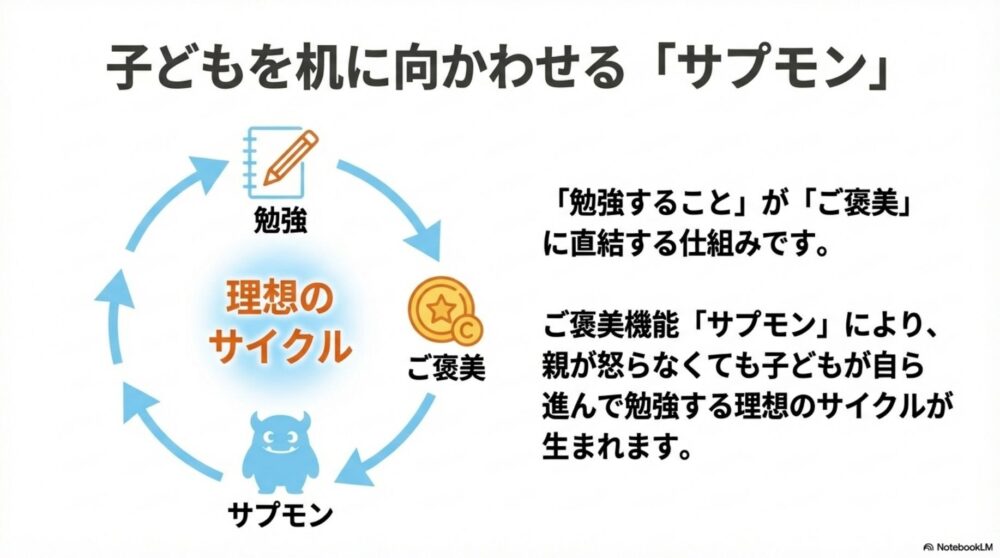 勉強とご褒美が直結して子どもが自ら机に向かうサプモンの理想的な学習サイクル