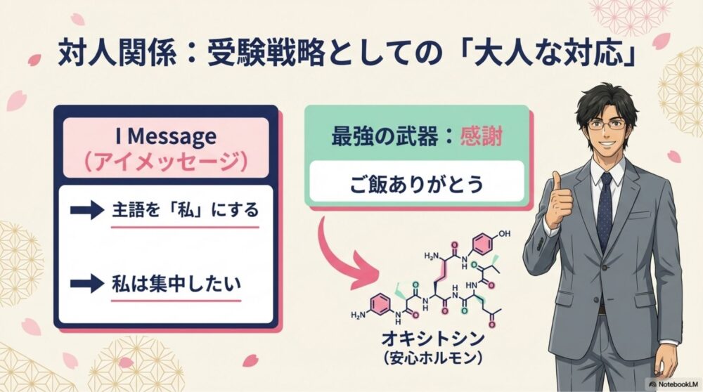 「私は集中したい」と伝えるアイメッセージの例と、オキシトシンの化学式