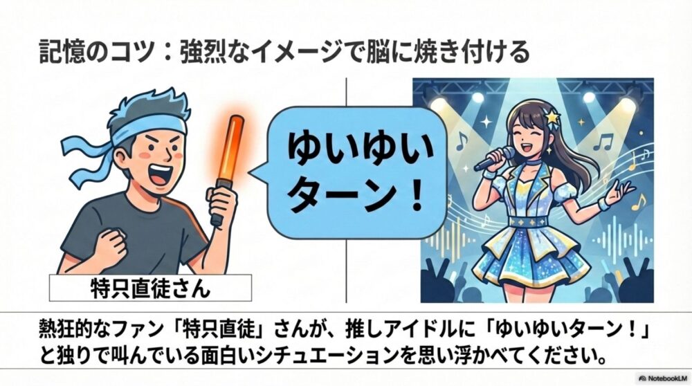 限定を表す漢字群を覚えるため、特只直徒さんがアイドルにゆいゆいターンと叫んでいる語呂合わせの情景イラスト