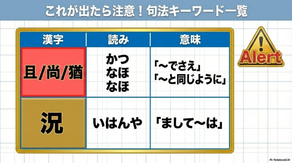 抑揚形で使われる「且・尚・猶」「況」の読みと意味のまとめ表