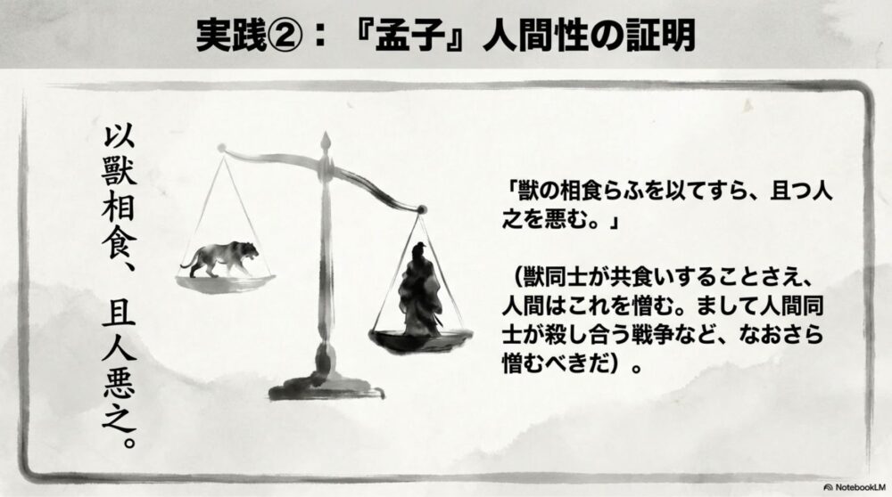 孟子が獣の共食いを例に、人間が争いを憎む本質を証明した抑揚形の解説