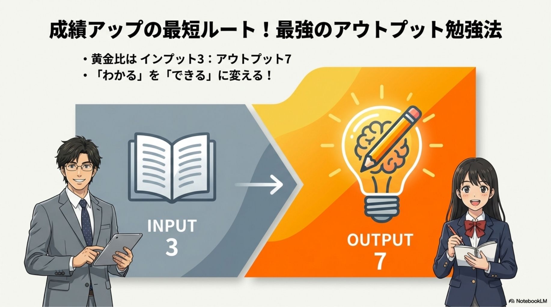 強におけるインプット(3割)とアウトプット(7割)の理想的な比率を示す図解。「たく先生」と「みちか」が解説している。