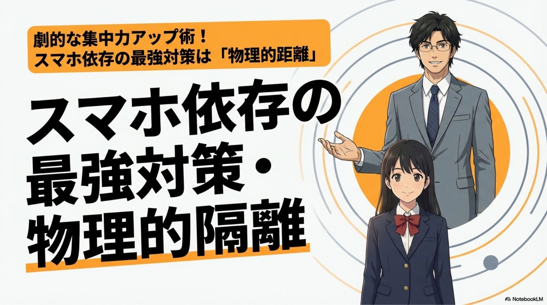 スマホ依存対策について解説するたく先生と悩むみちかのタイトルスライド画像