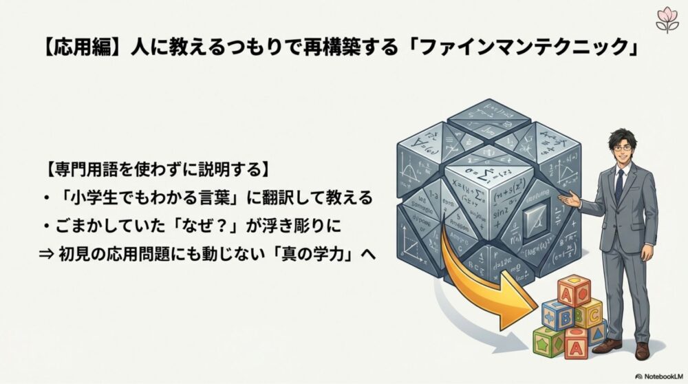 難しい概念を小学生に教えるように噛み砕いて説明しているイラスト