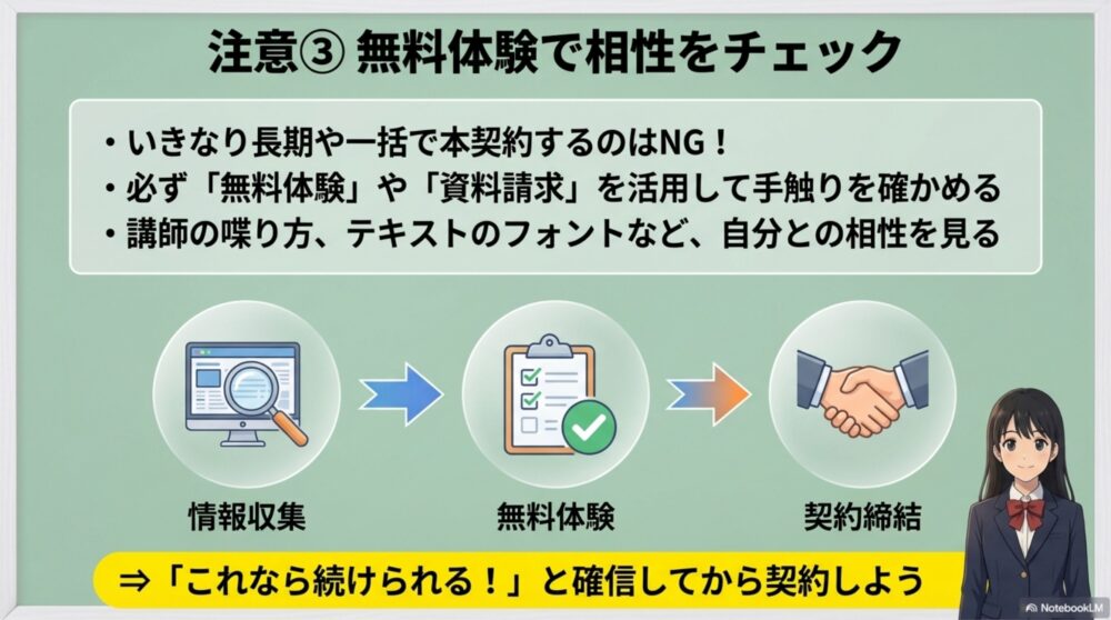 PCやスマホの画面からお試し教材が届き、ニコニコと相性を確認しながら体験学習をしている図解