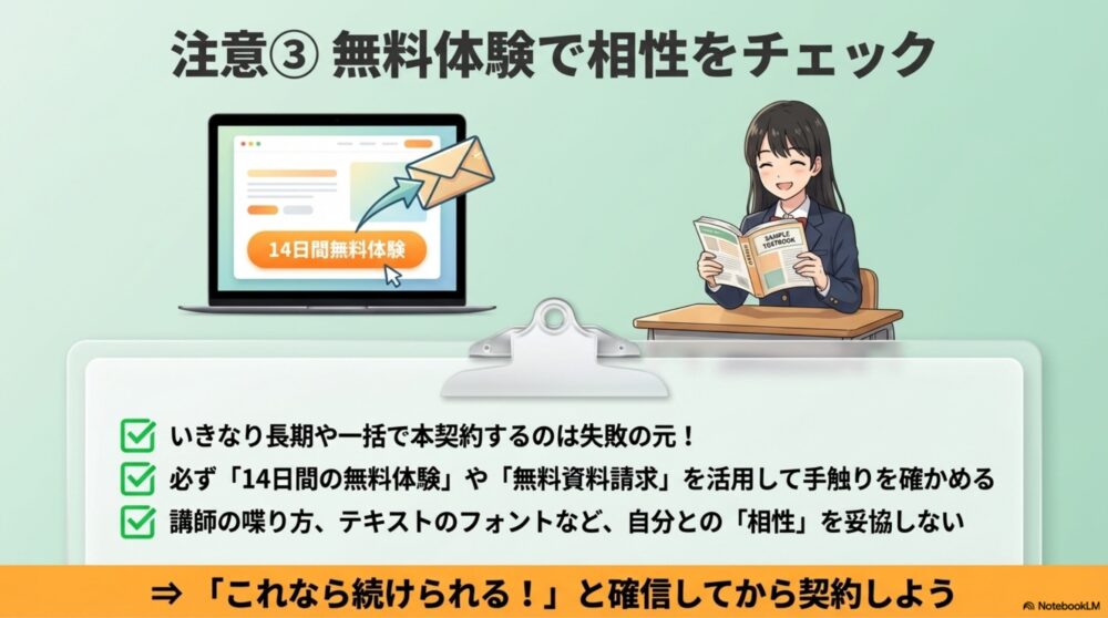 (Style: Business, Fresh) PCやスマホの画面からお試し教材が届き、ニコニコと相性を確認しながら体験学習をしている図解