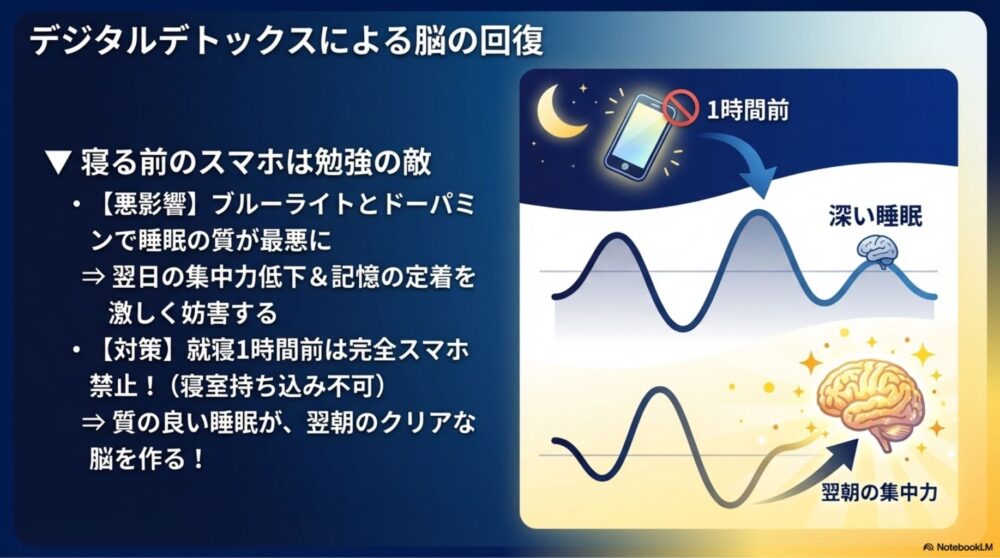 寝る1時間前のスマホ断ちが睡眠の質と翌日の集中力を上げる図解