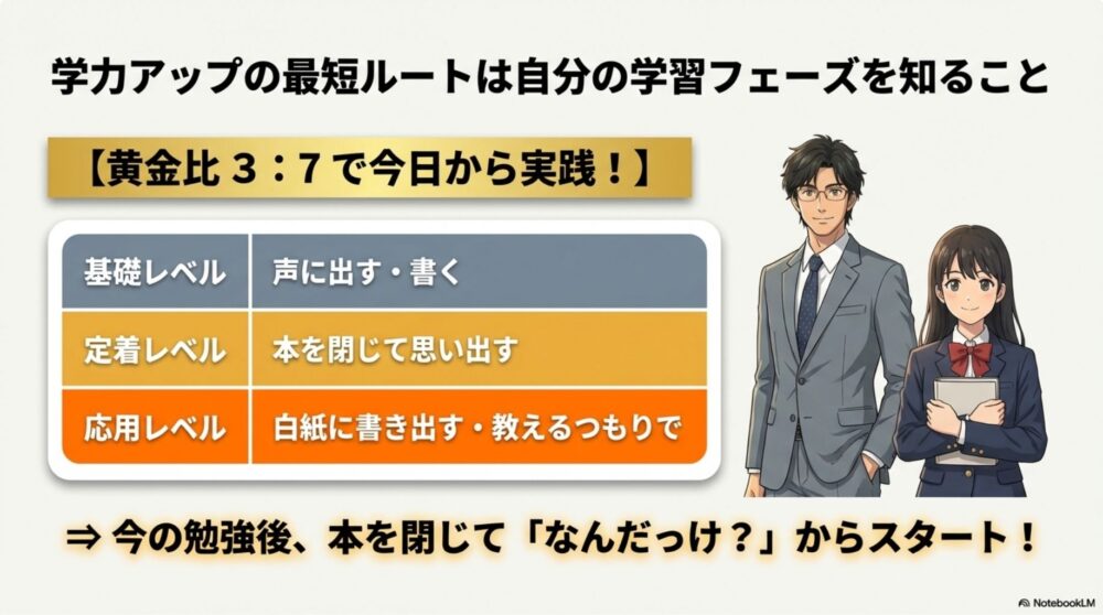 インプットとアウトプットの比率、3つの学習フェーズの要点を整理したまとめ表