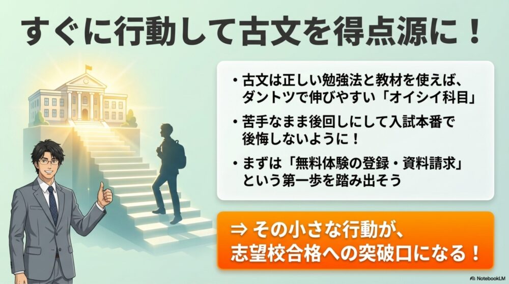 古文のテストで高得点を取り、志望校に向けて力強くステップアップしている生徒の図解