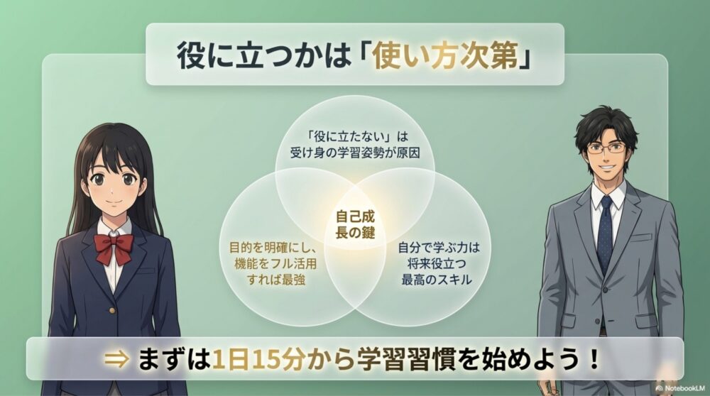 目標に向かって自信に満ちた表情で進む高校生の図解
