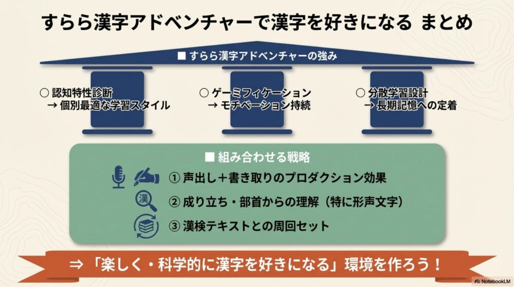 すらら漢字アドベンチャーを活用した漢字学習戦略の総まとめインフォグラフィック