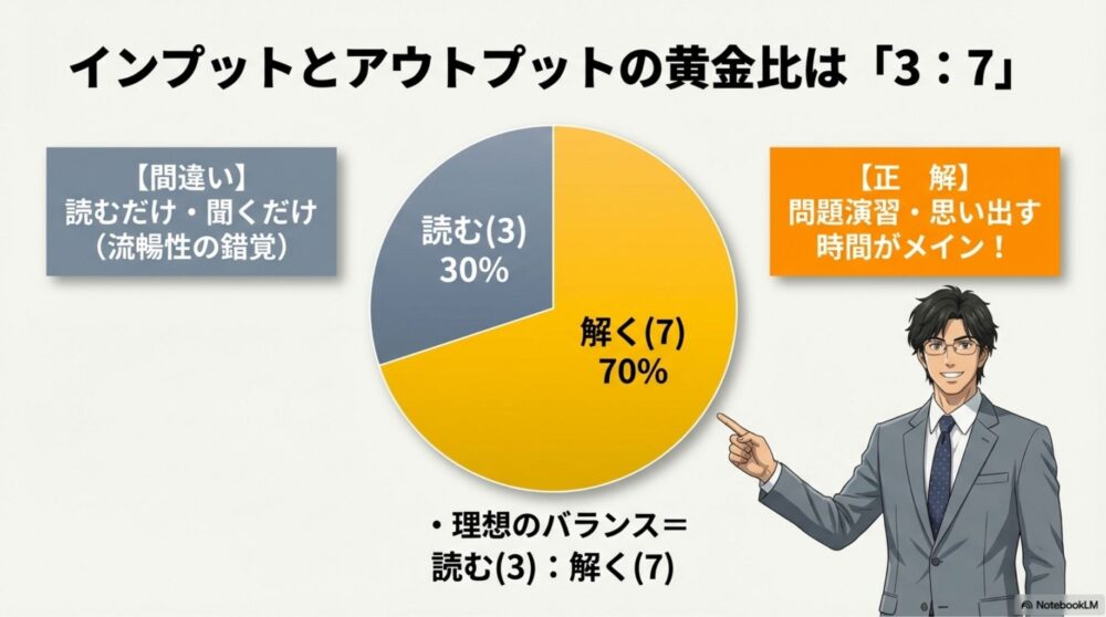 勉強時間におけるインプット(3割)とアウトプット(7割)の理想的な比率を示す円グラフ