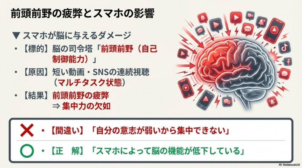 スマホのマルチタスクによって前頭前野が疲弊する仕組みの図解
