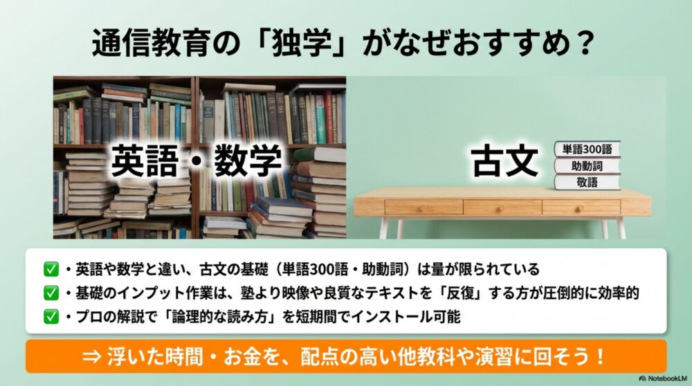 膨大な英語学習と、コンパクトな古文の単語(300語)・文法ポイントを比較する図解