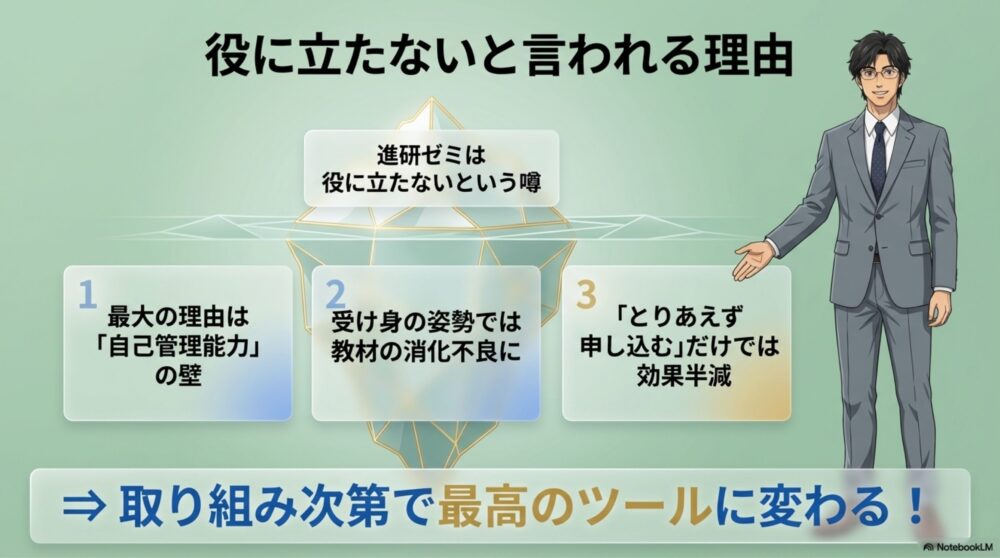 部屋で教材が積み上がる様子や自己管理に悩む高校生の図解