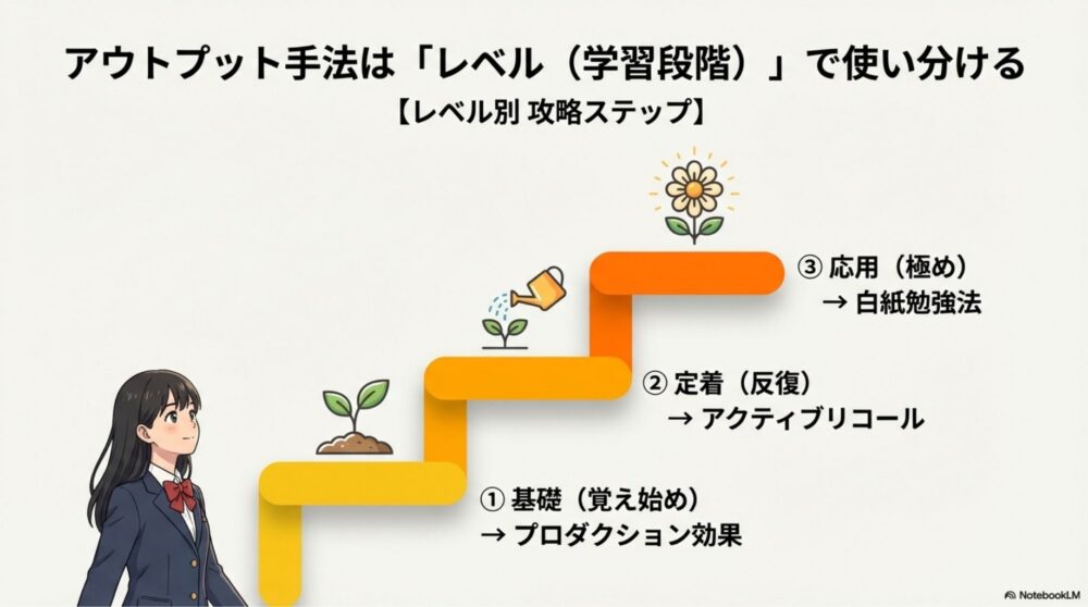 基礎・定着・応用の3段階の学習フェーズを示す階段状のイラスト