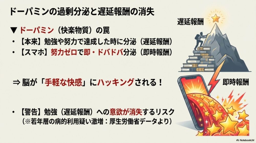 スマホによる即時快楽と、勉強の遅延報酬の比較図解